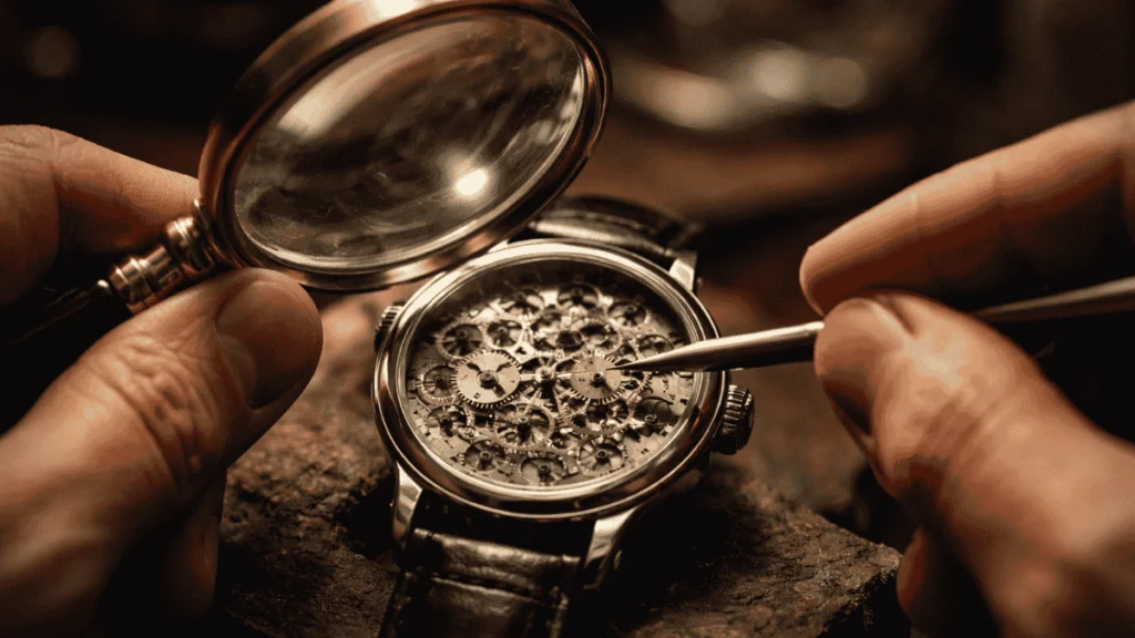 Mãos de especialista usando lupa para conferir autenticidade e engrenagens de um relógio original.