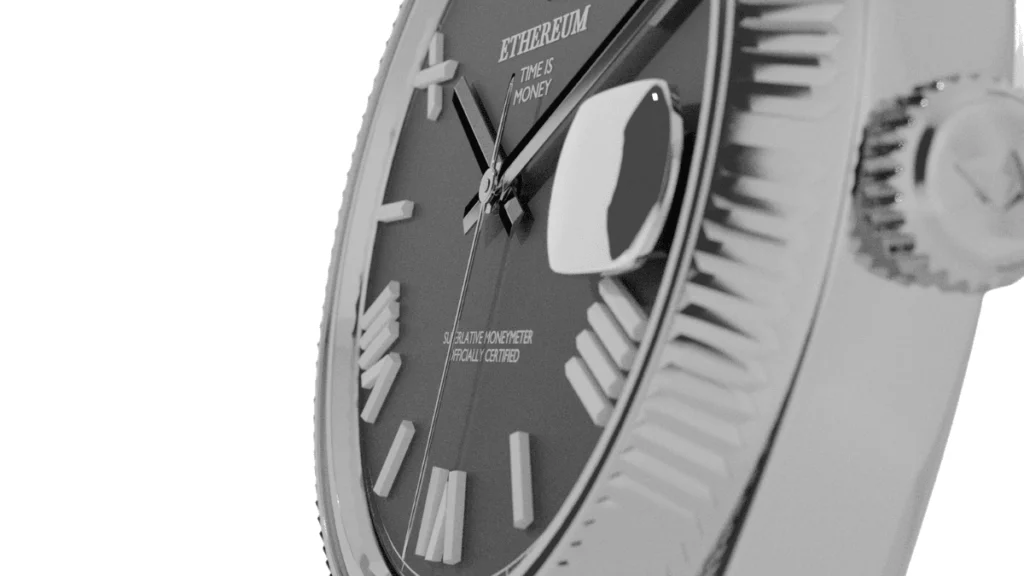 Visão macro lateral de um relógio destacando o relevo dos numerais romanos no mostrador e o acabamento da coroa metálica.